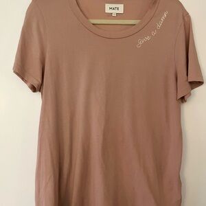 Pink MATE Tee with “Give a Damn” sewn on right upper side